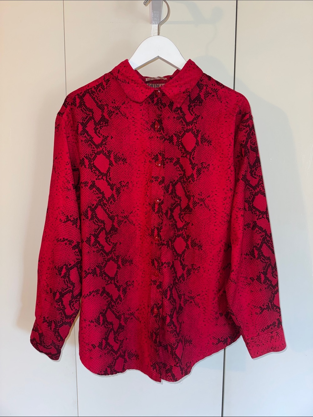 Red Snake-Print Button-Up Shirt